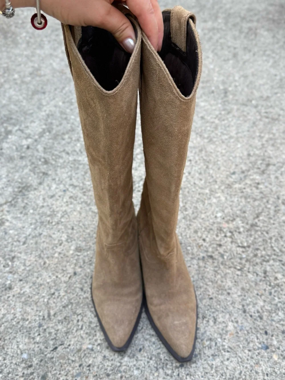 Zara Split Suede Leather Knee-High Cowboy Boots Tan-Brown Pointed Toe Size 6